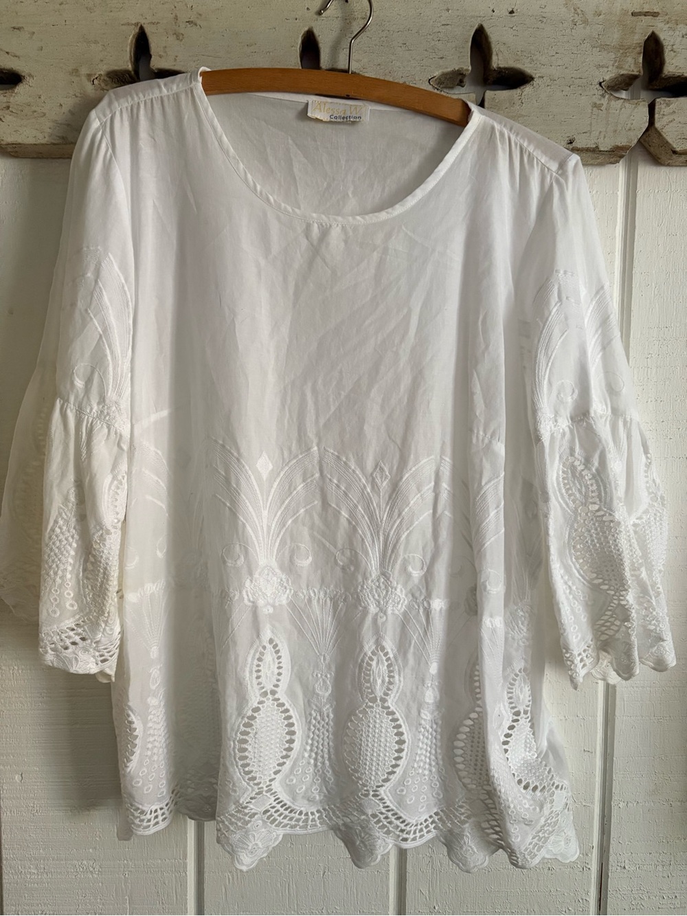 White Embroidered Cotton Peasant Top Large